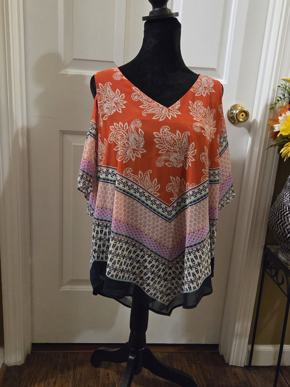 DR2 Orange Floral V-Neck Poncho Tunic with Patterned Borders